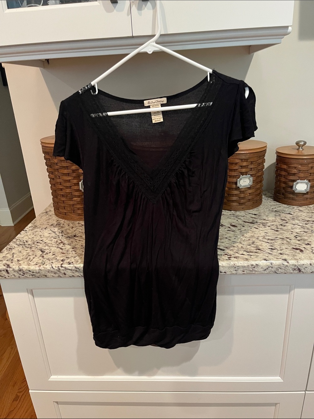 one clothing Black Short-Sleeve V-Neck Lace Trim Top